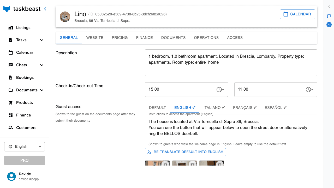 The Guest access section of a listing with Default, English, Italiano, Français and Español tabs over the instructions text, a translate button and three entrance photos