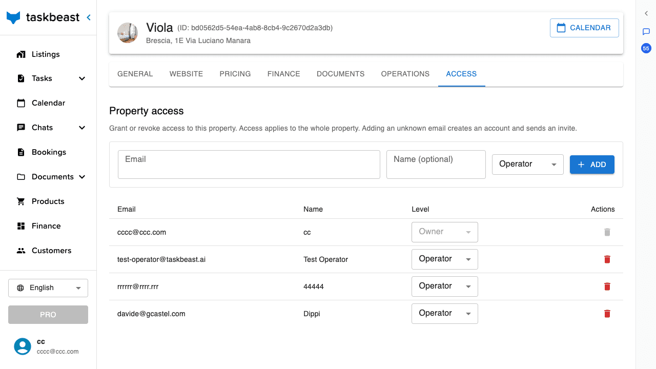 The Access tab with the add-member row and the table of members with their levels
