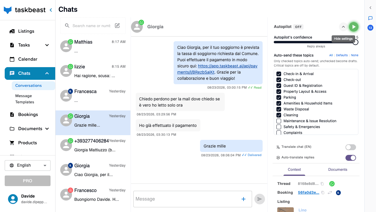 The autopilot settings panel with the confidence slider and the list of auto-send topics with checkboxes