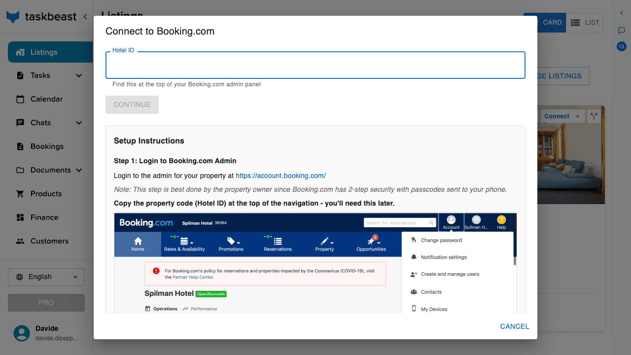 The Connect to Booking.com dialog asking for the Hotel ID, with illustrated setup instructions from the Booking.com admin