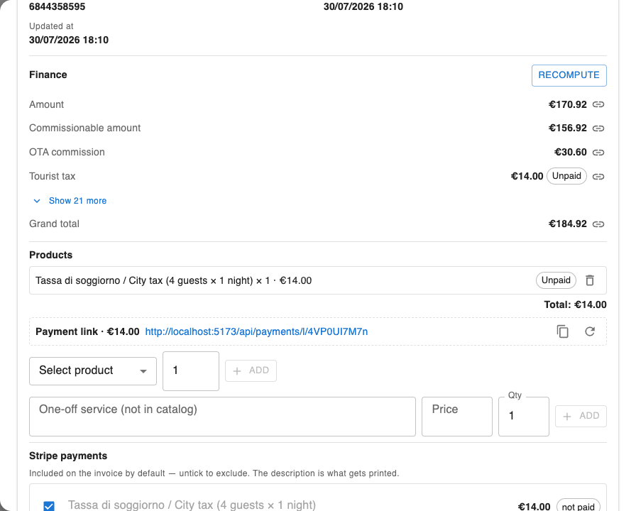 The Products section of a booking: the extra added as an order item, its Unpaid status, and the payment link minted for exactly that total.