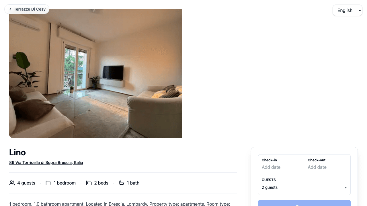 The public direct-booking page of a listing with photos, description and the reservation box with date and guest pickers