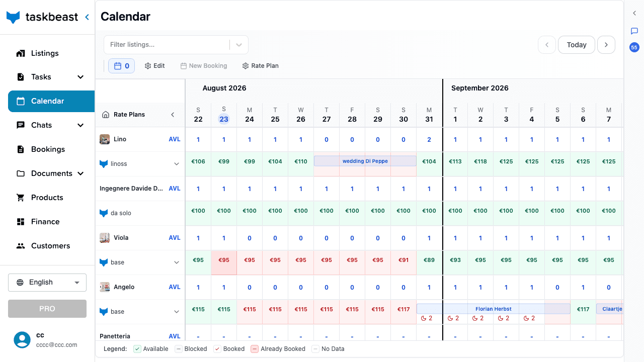 The calendar grid showing prices and availability per night for several listings, with bookings visible