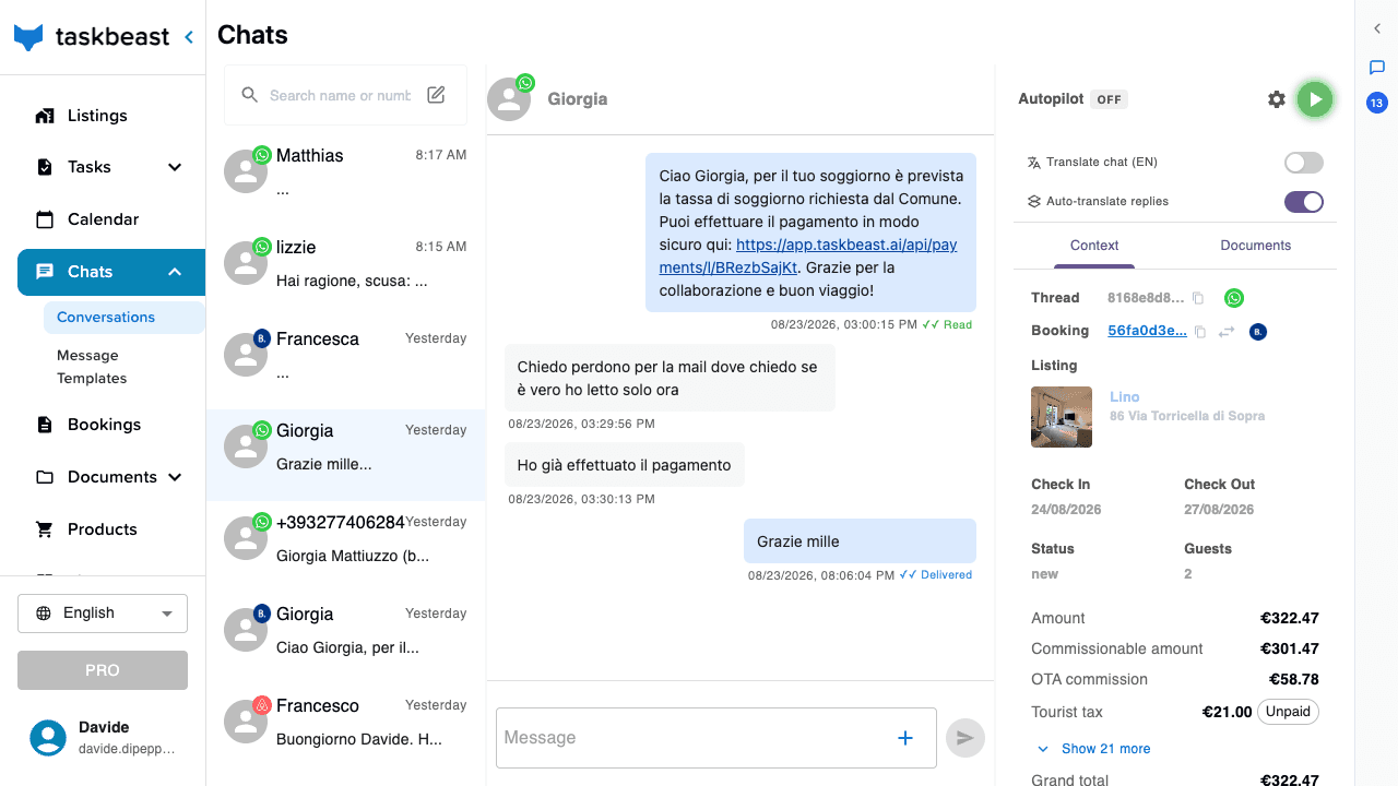 A conversation with the Autopilot pill, the on/off button and the settings gear at the top of the right sidebar