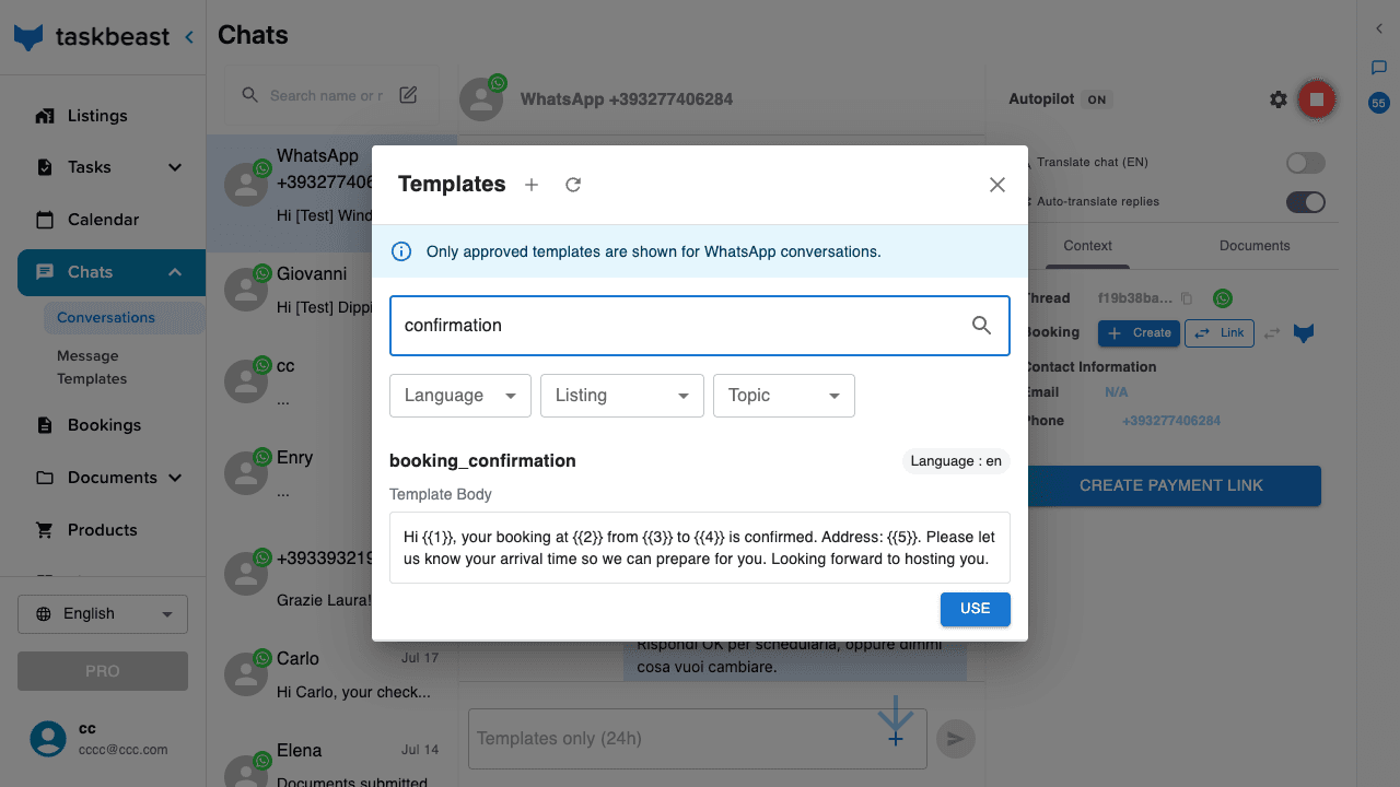 A conversation with the Templates dialog open: search field, filters and a booking confirmation template with its Use button; the composer below shows templates-only mode