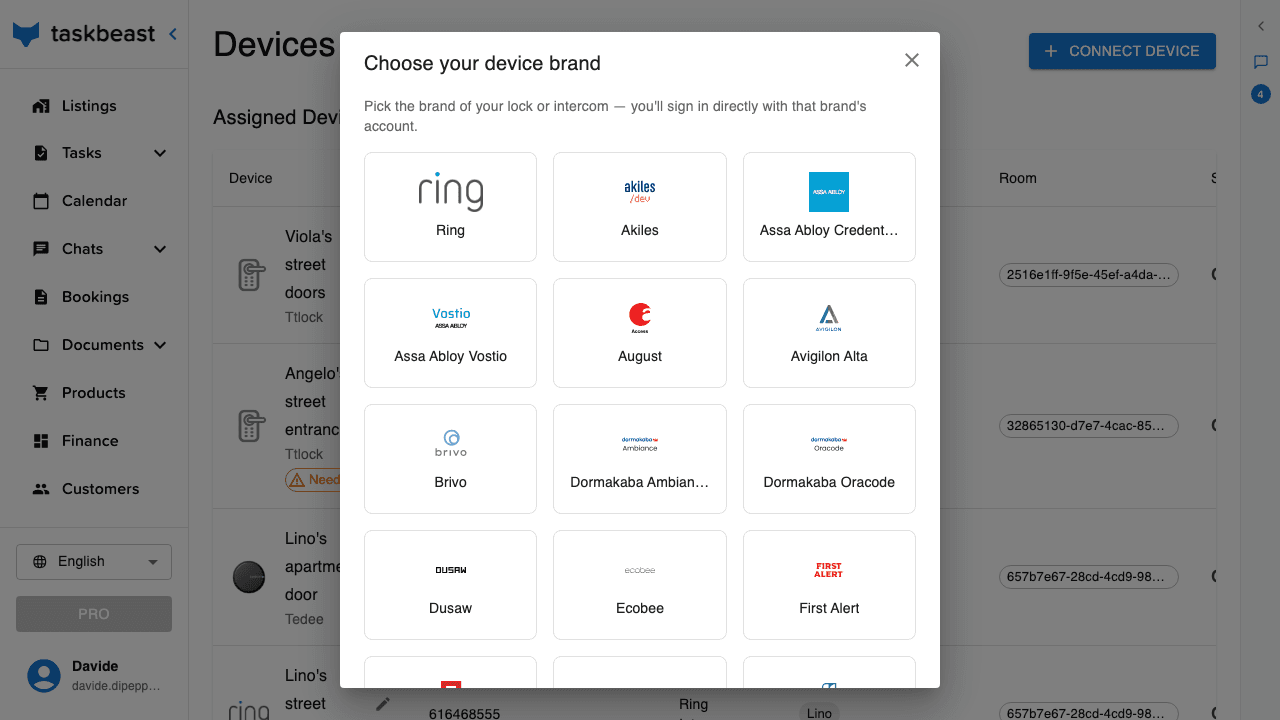 The Connect Device window listing device brands such as Ring, Akiles, Assa Abloy, August, Brivo, Dormakaba, Ecobee and First Alert