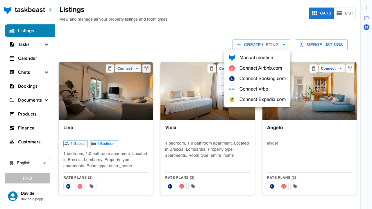 The Listings page with the Create Listing menu open, showing Connect Airbnb.com and Connect Booking.com options