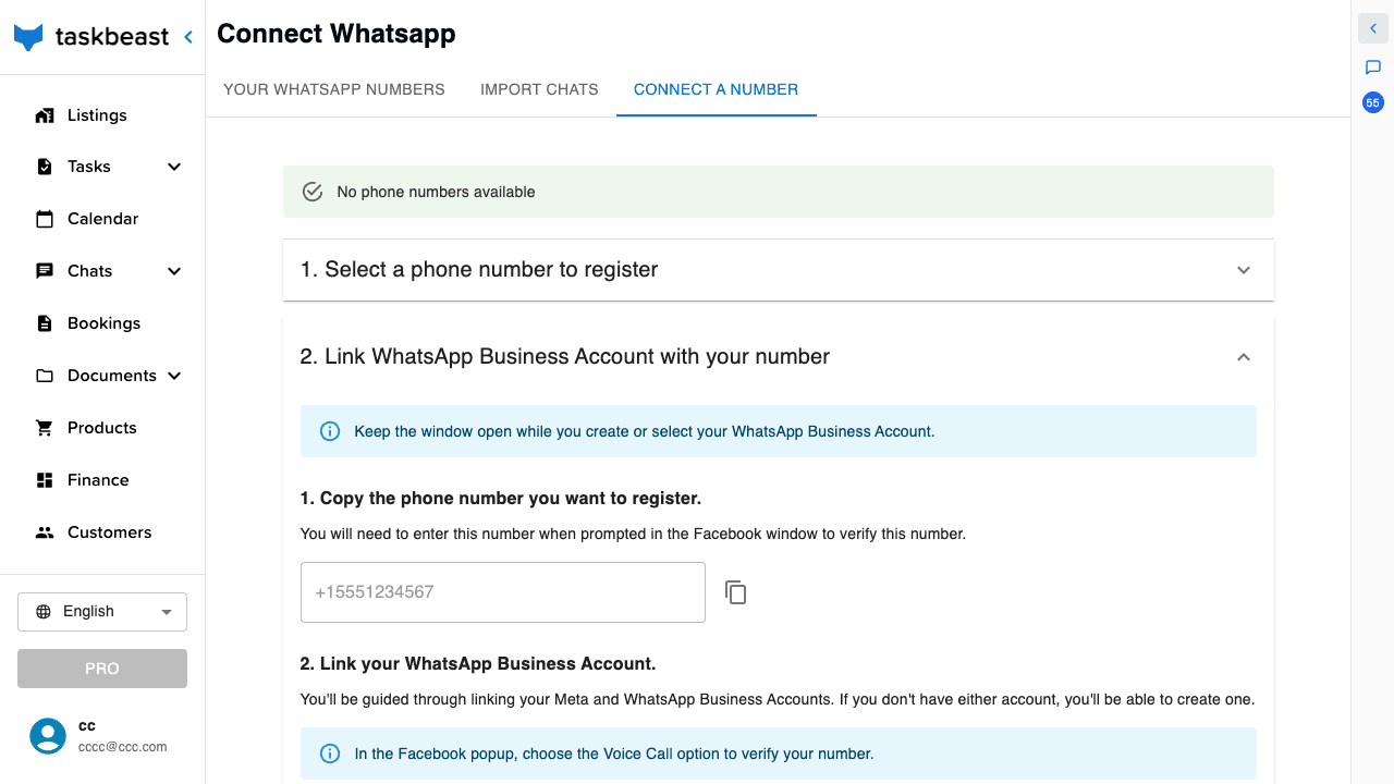 Step 2 of the Connect a number flow: copy the phone number and continue with Facebook to link the WhatsApp Business Account