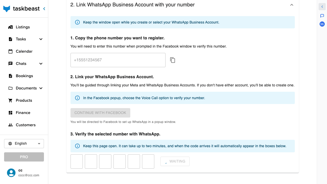 Step 3 of the Connect a number flow: the page waits for the WhatsApp verification code and fills it in automatically