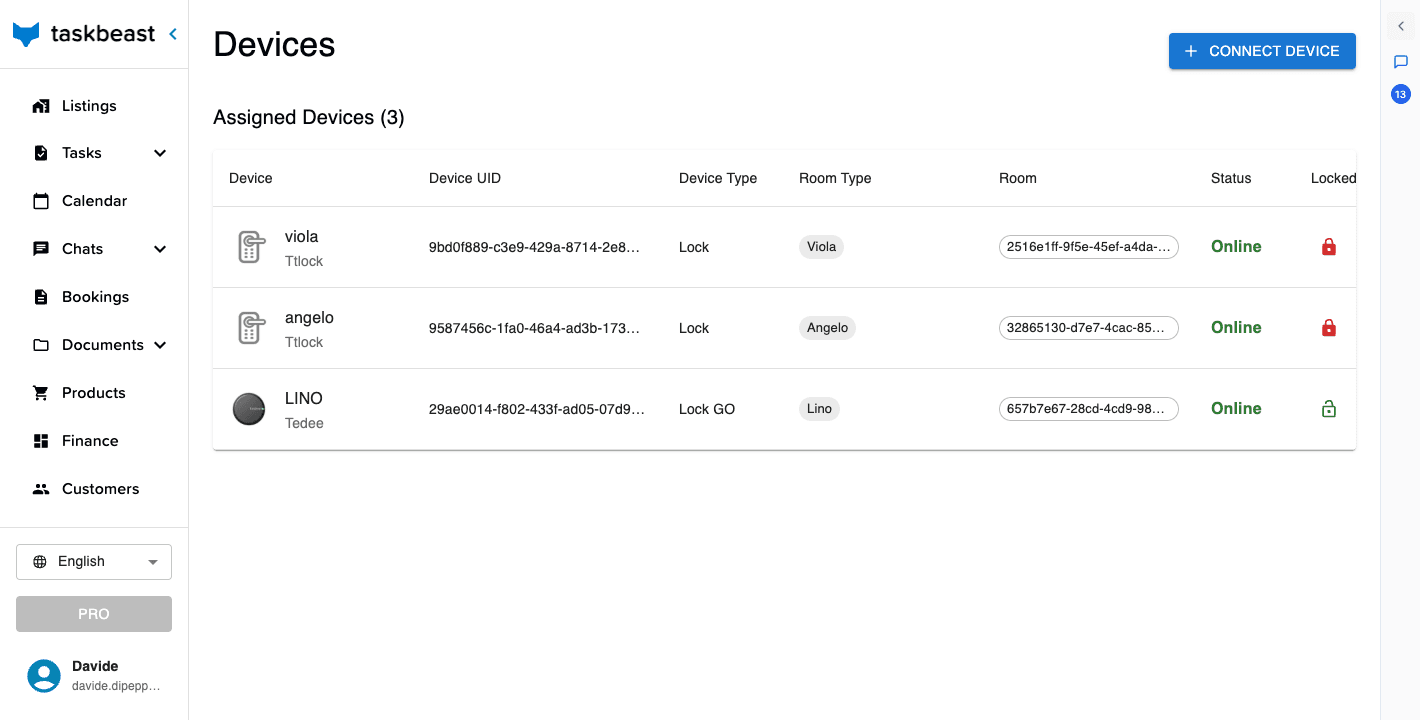 The Devices page listing three connected smart locks with their room assignments, online status and lock state