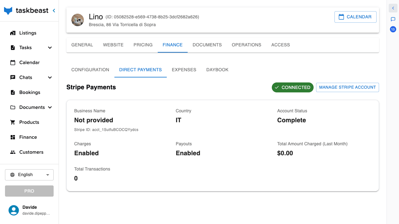 The Direct payments section showing a connected Stripe account with charges and payouts enabled