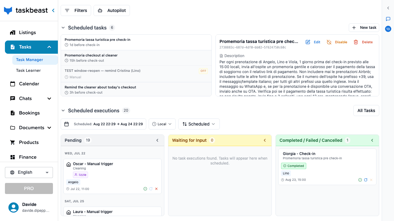 The Scheduled executions board with Pending, Waiting for Input and Completed columns holding real execution cards
