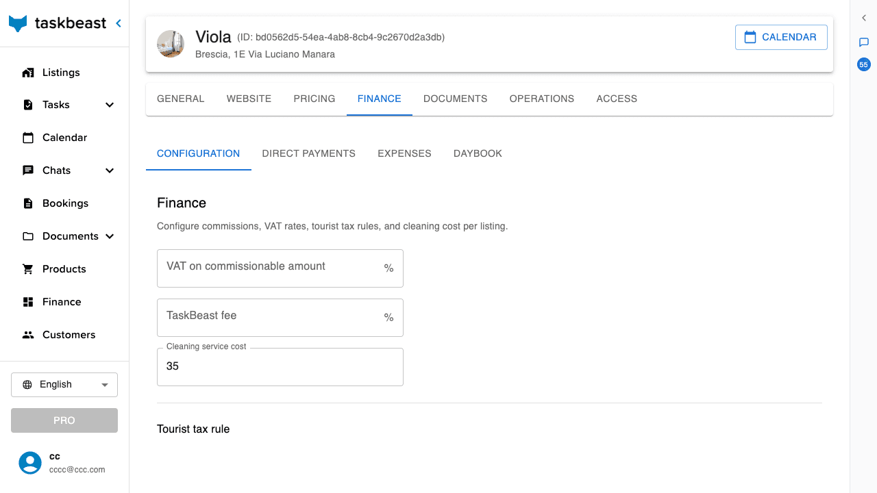 The listing Finance tab with the Configuration, Direct payments, Expenses and Daybook sections