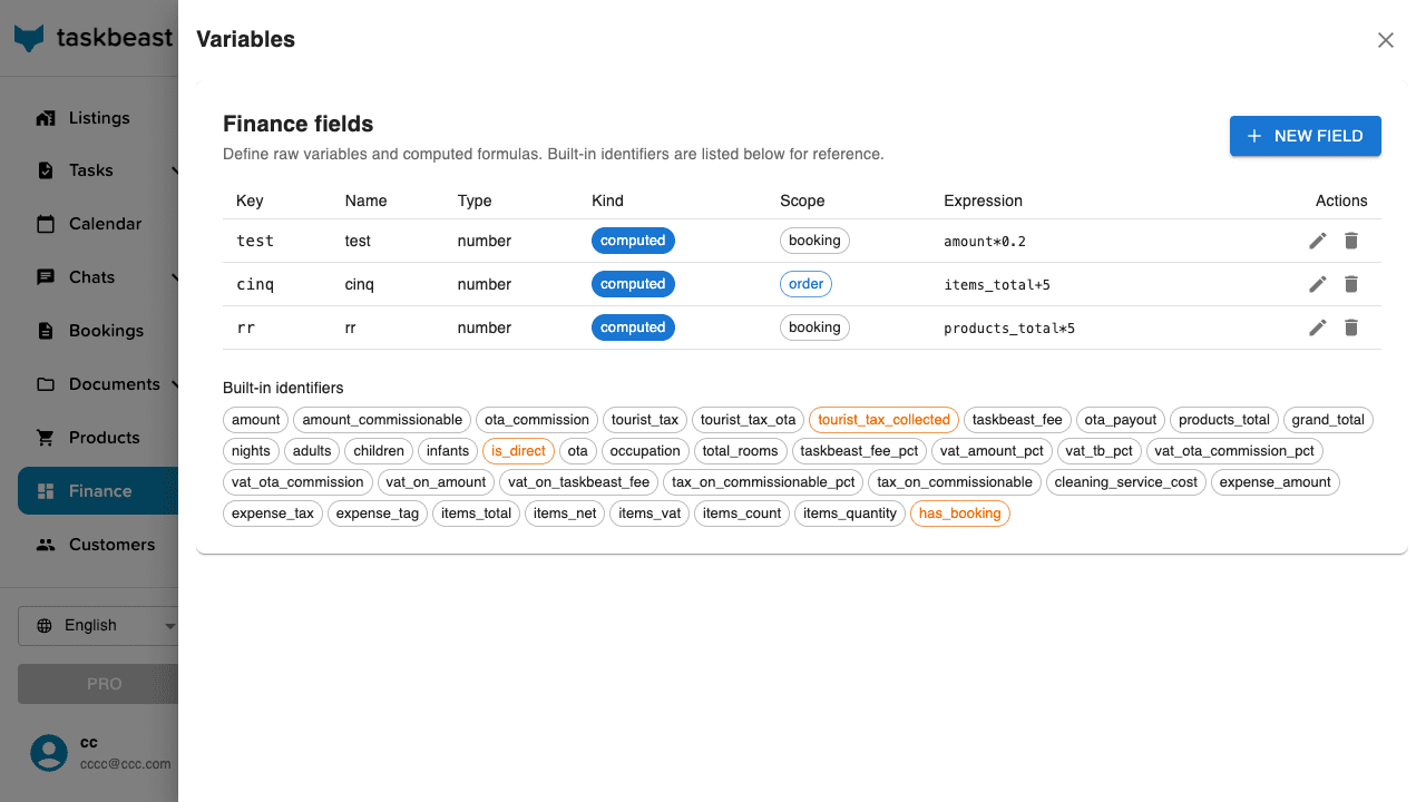 The Variables drawer listing computed fields with their formulas and the built-in identifiers available