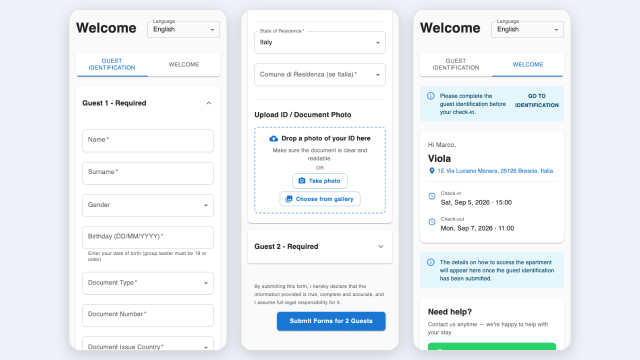 Three phone screens: the empty guest identification form, the ID upload and submit button, and the Welcome tab with the notice that access details appear after submitting