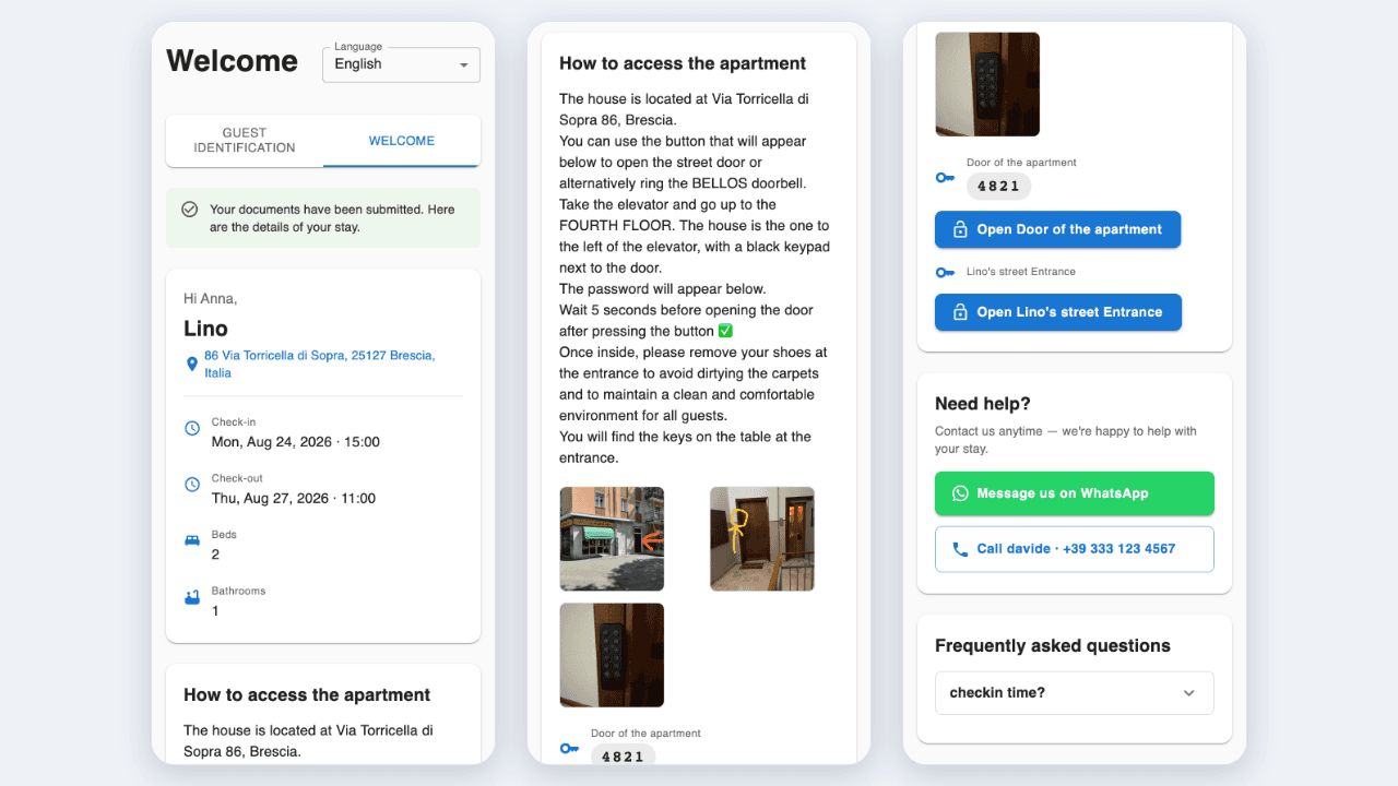Three phone screens of the welcome page: the stay card with address and dates, the access instructions with photos, and the door password with Open door buttons, contacts and FAQ