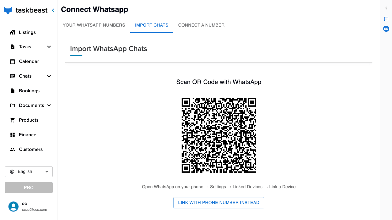 The Import Chats tab showing a QR code and the instruction to link a device from WhatsApp on the phone