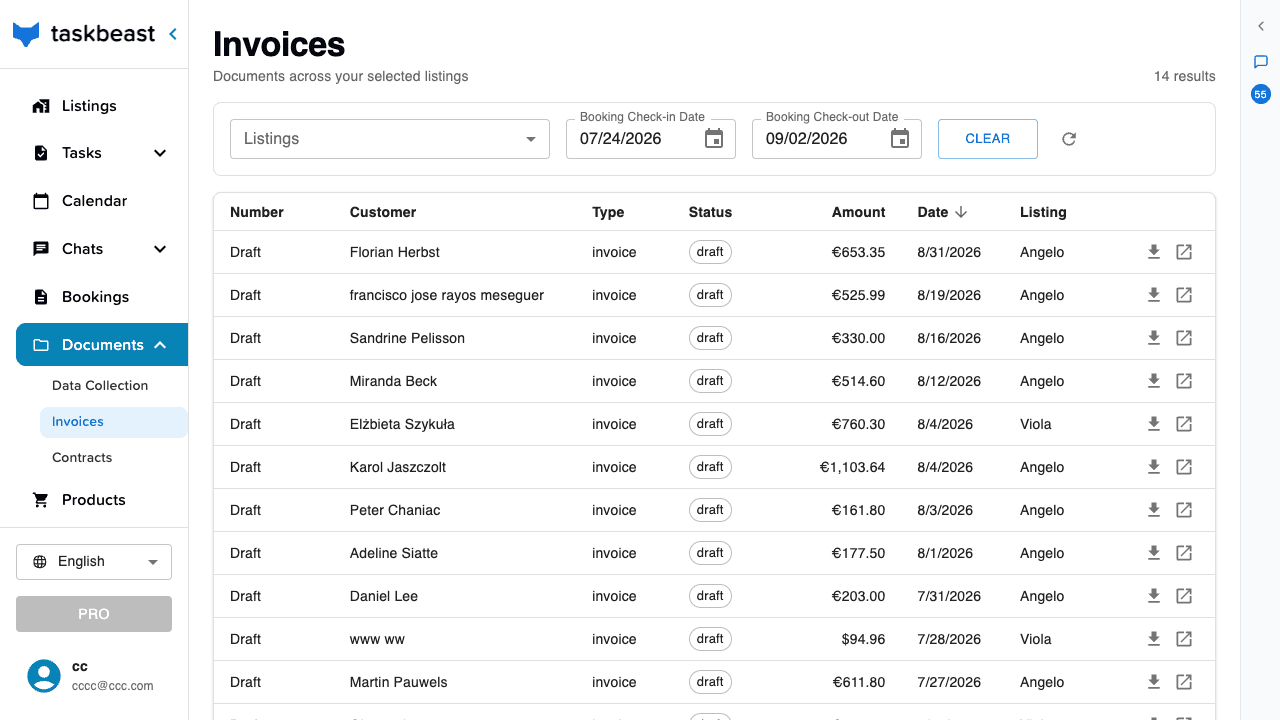 The Invoices page listing invoice drafts with customer, amount, date and listing columns