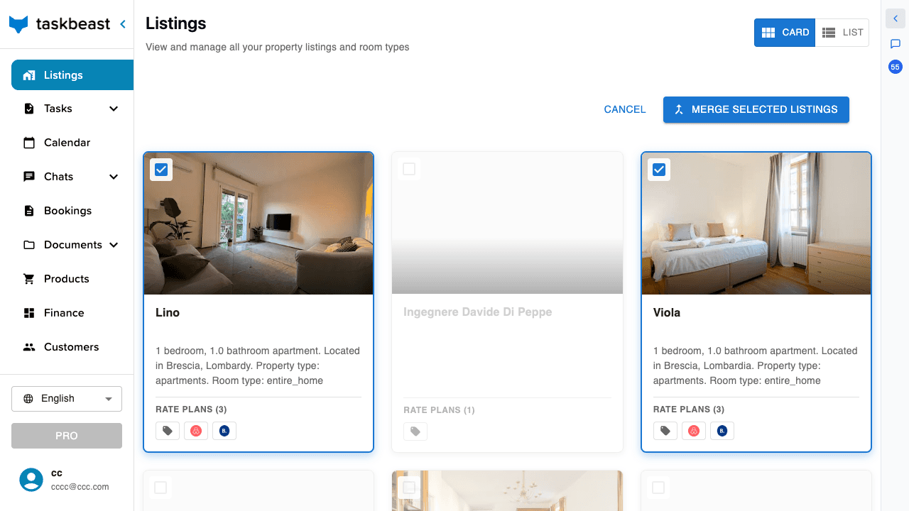 The Listings page in merge mode with two listings selected and the Merge Selected Listings button active