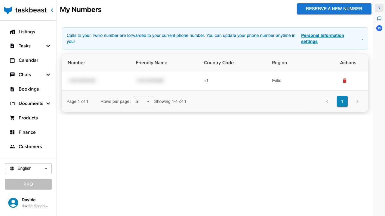 The My Numbers page with the numbers table, the call-forwarding notice and the Reserve a new number button