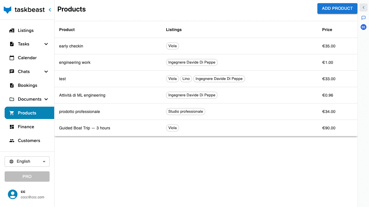 The Products page with the catalog table and the Add Product button