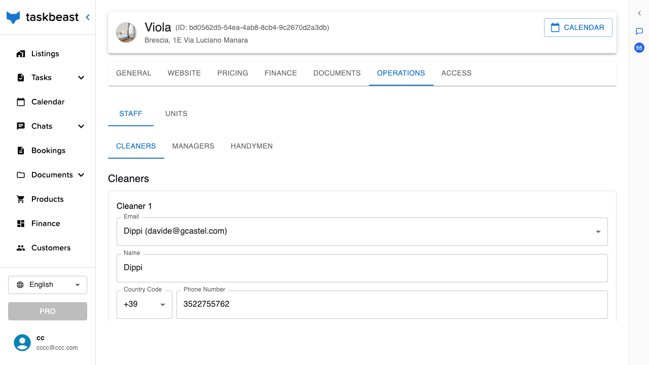 The Staff section of the Operations tab with the cleaner’s email picker, name and phone number fields