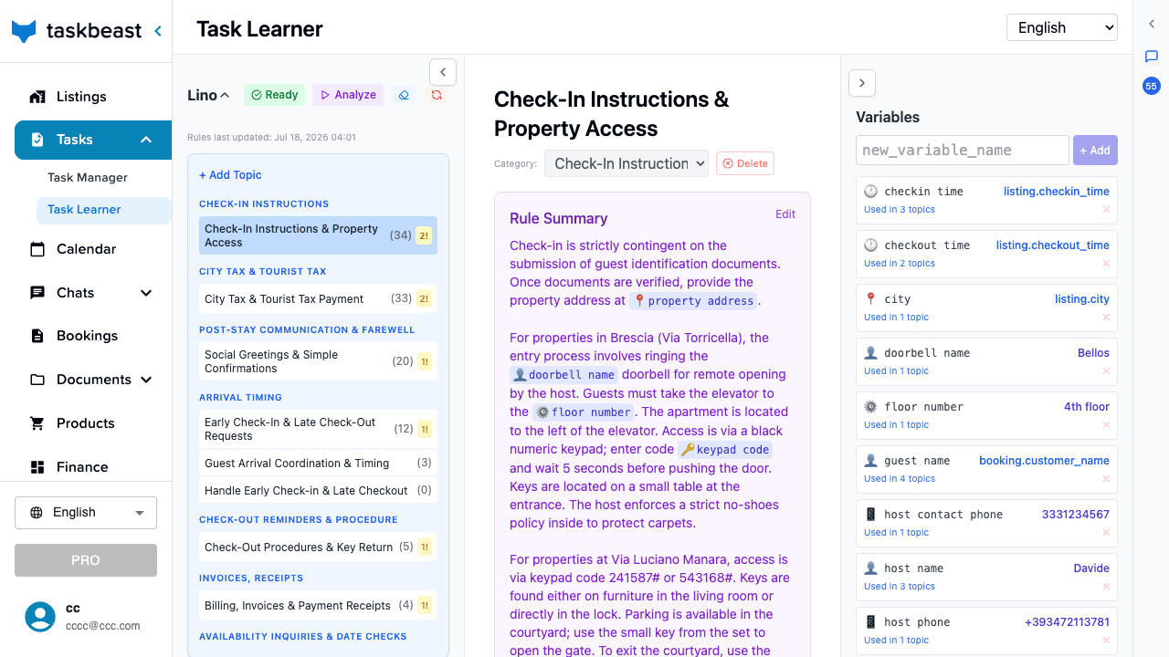 The Task Learner with the topic list on the left, the Rule Summary with variable chips in the middle, and the Variables panel on the right