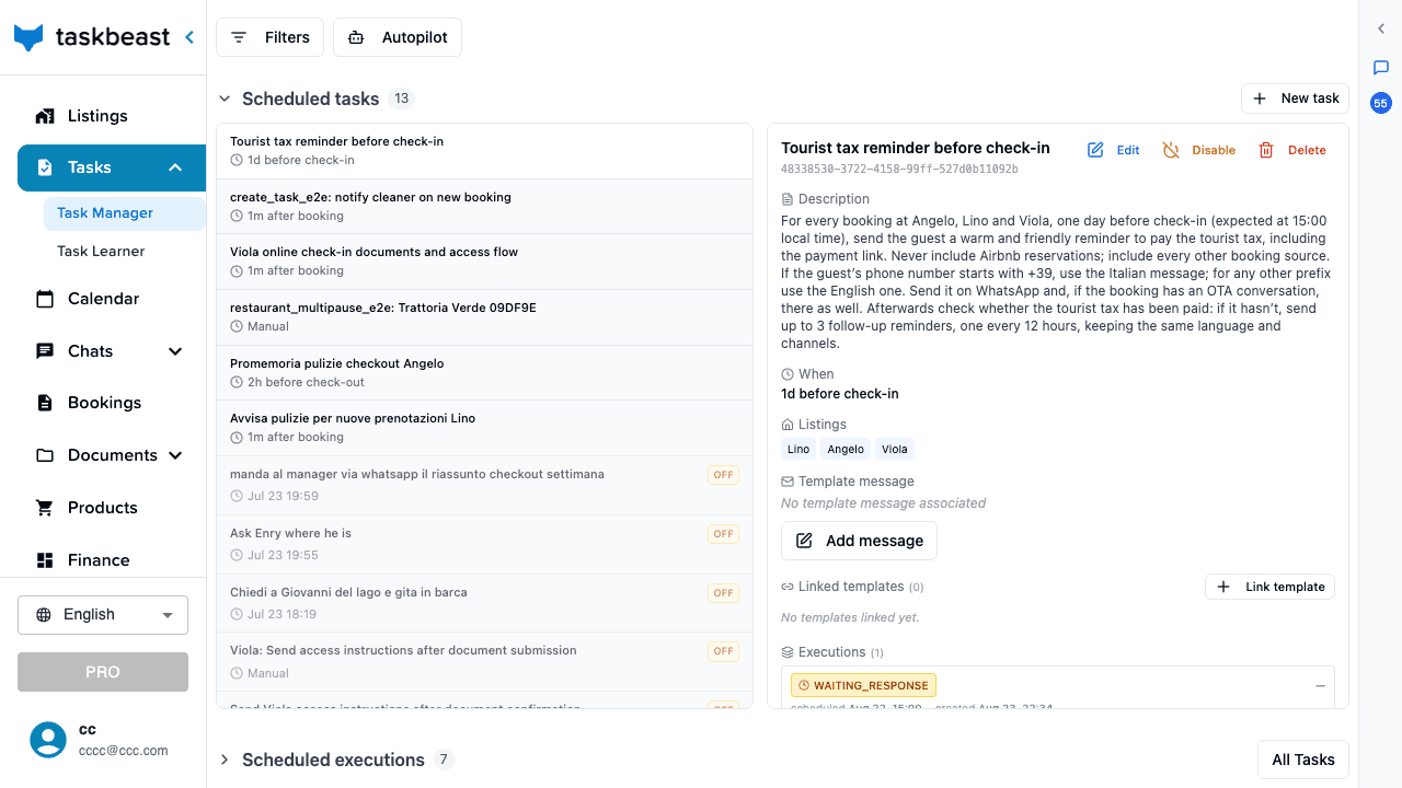 The Task Manager showing a list of scheduled tasks and the detail panel of a guest check-in flow task