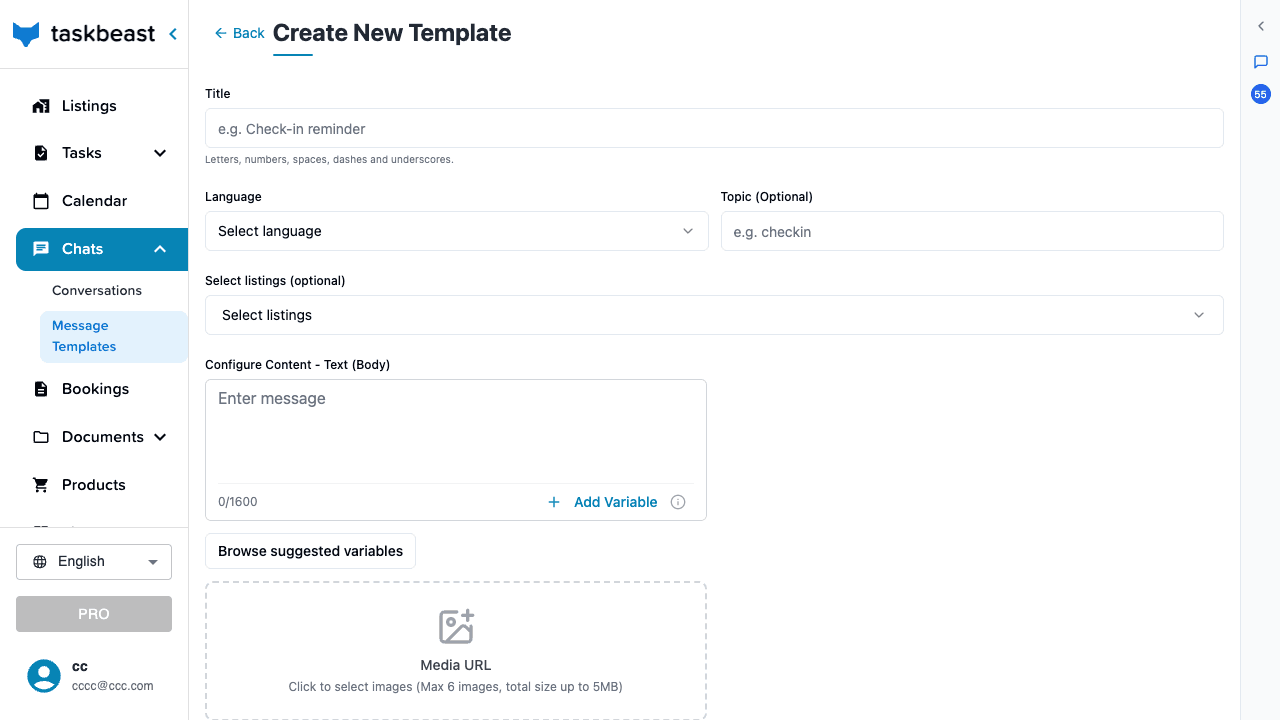 The template builder with fields for title, language, listings, message body with variables, and media