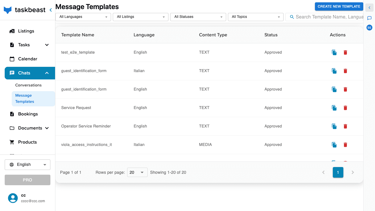 The Message Templates page listing templates with their approval status, with an arrow pointing at the Add Template button