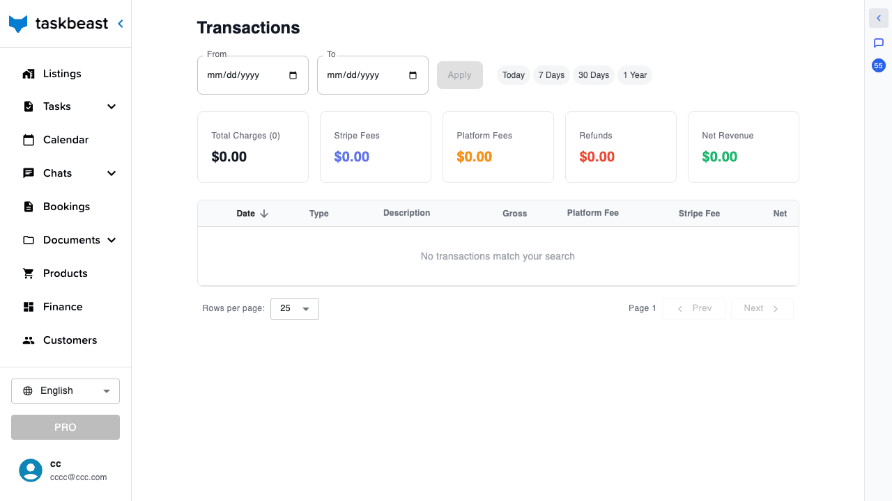 The Transactions page with date filters and five summary cards for charges, Stripe fees, platform fees, refunds and net revenue