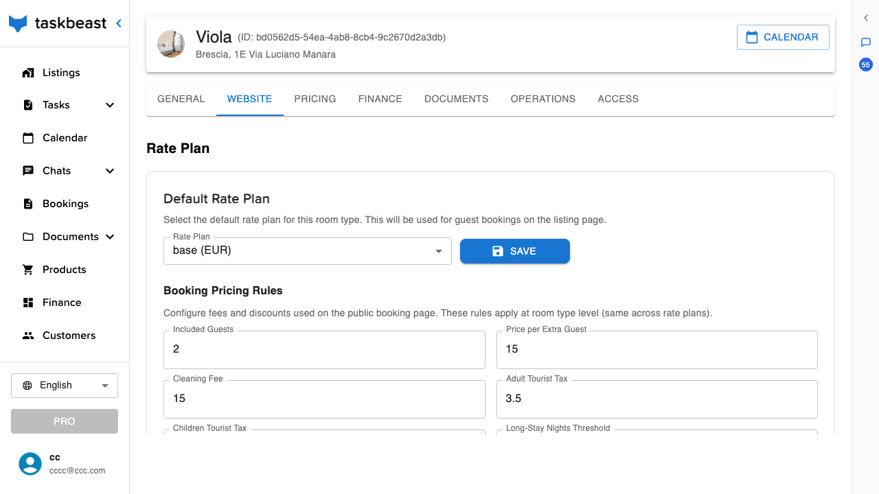 The Website tab of a listing with default rate plan selection and booking pricing rules