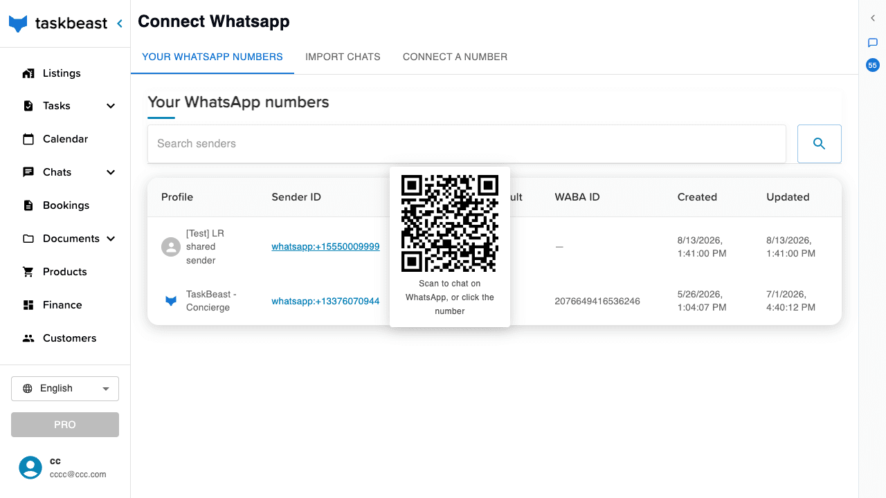 The WhatsApp senders page with a QR code tooltip over the sender ID, ready to scan to open the chat
