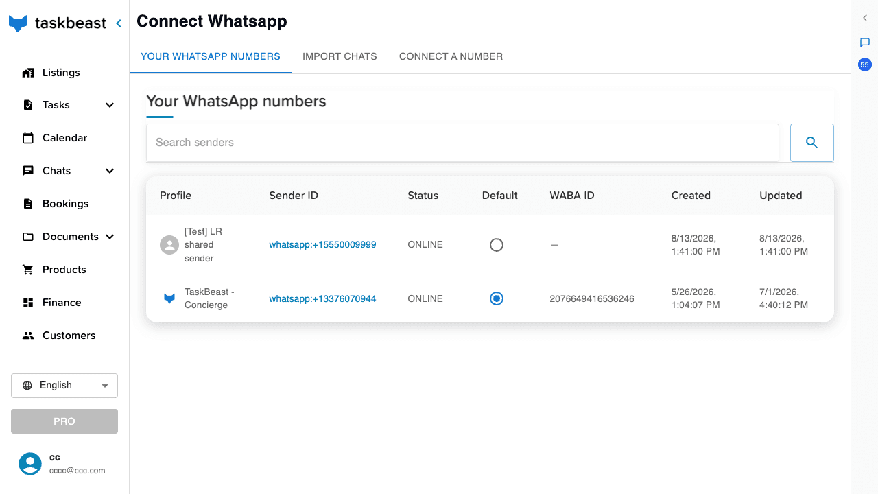 The WhatsApp senders page listing a shared sender and a dedicated number, with tabs for importing chats and connecting a number